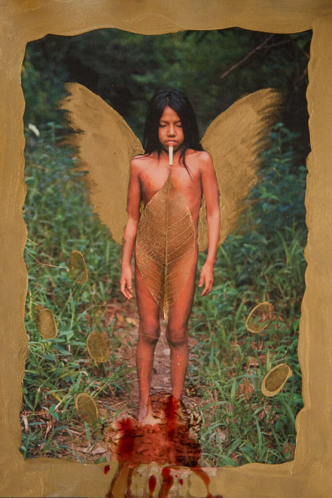 A series of images, created by my children and I, of Amazonian indigenous peoples and their habitat. Made with fire, gold, blood, earth, leaves in an attempt to touch on the grief felt for our planet and finding hope in the process.